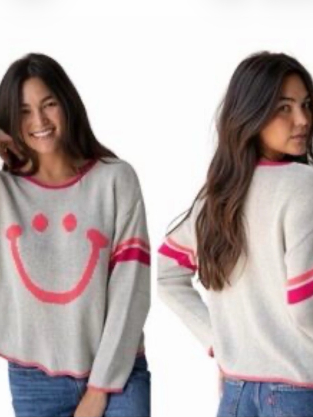 Natural Life Gray Sweater with Pink Smiley - Women's Cozy Pullover